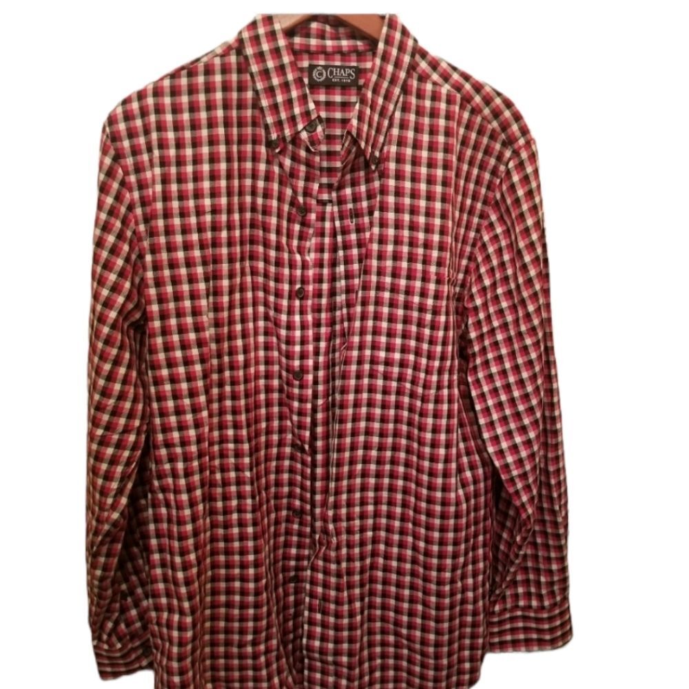 Chaps Button Down Plaid Shirt Men Medium Black Red White Cotton Long Sleeve